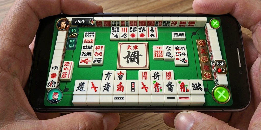 Screenshot gameplay 55RP menampilkan momen seru bermain Mahjong.