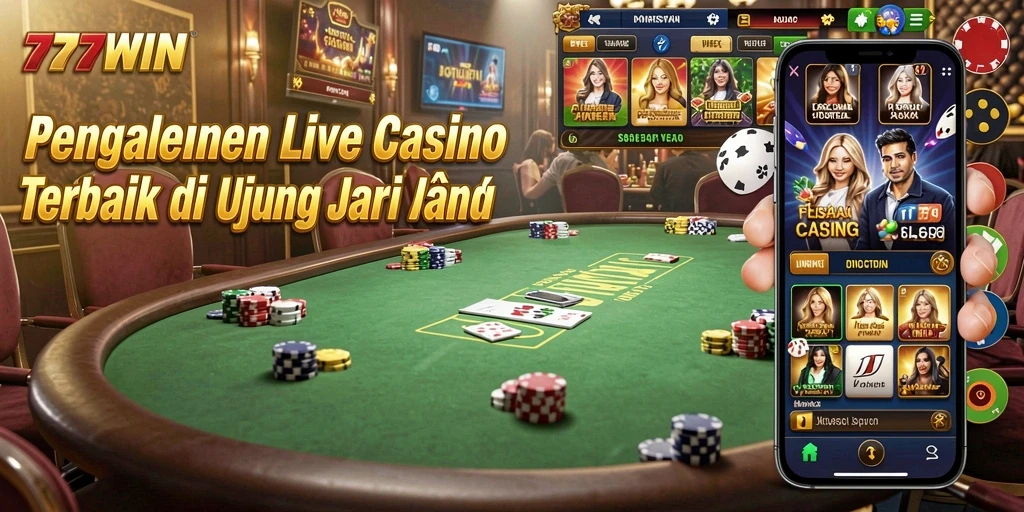 Tangkapan layar gameplay 777WIN menampilkan dealer langsung dan suasana kasino yang mendebarkan.