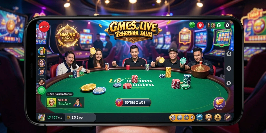 Tampilan utama API77 dengan dealer langsung dan permainan Live Casino yang menarik.