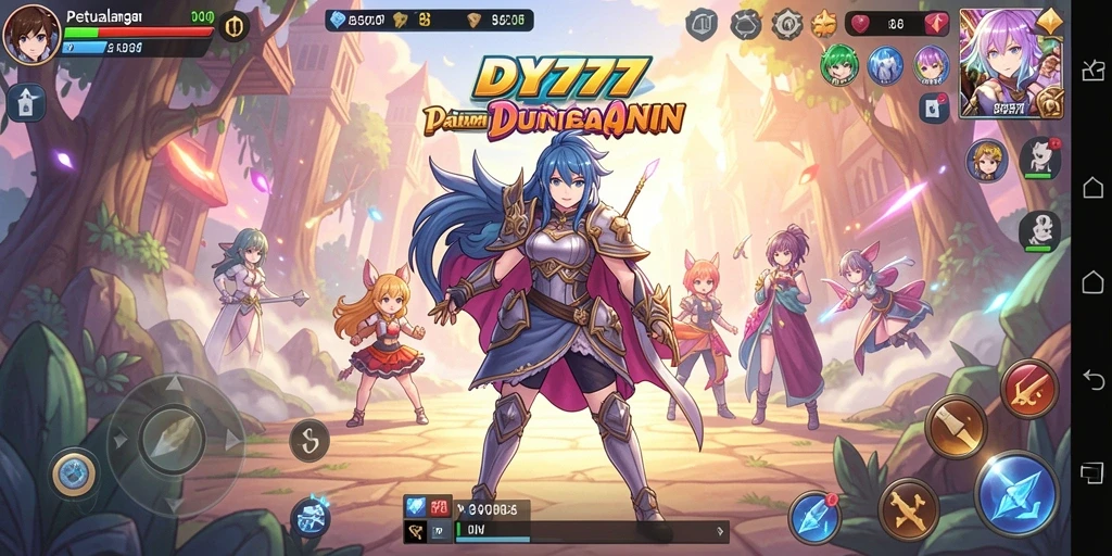 Tangkapan layar utama DY777 yang menunjukkan aksi seru dalam pertempuran karakter anime.