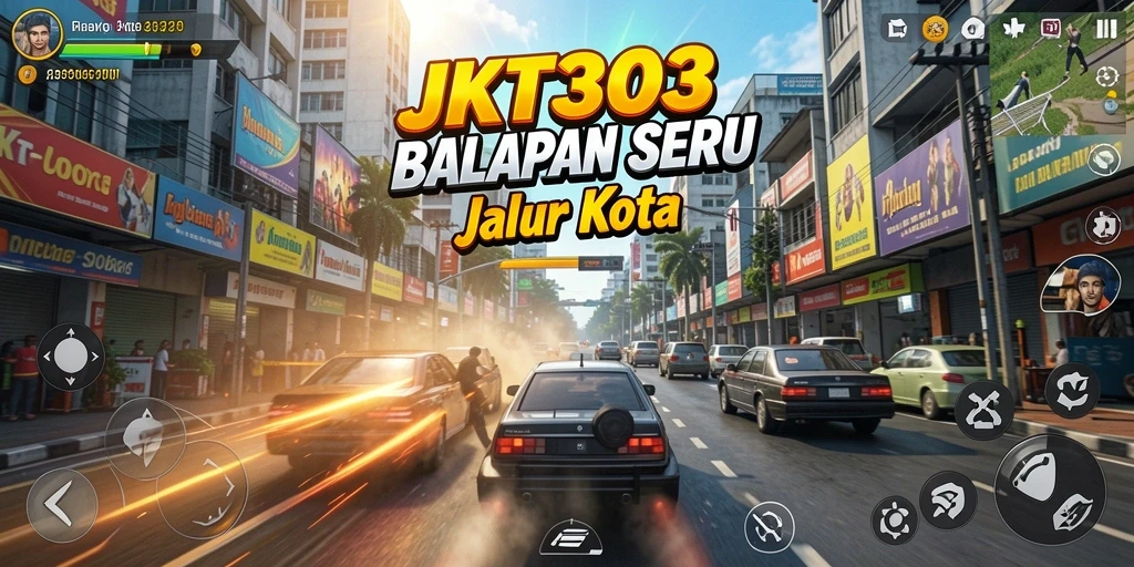 Screenshot gameplay JKT303 yang menampilkan aksi balapan menegangkan.