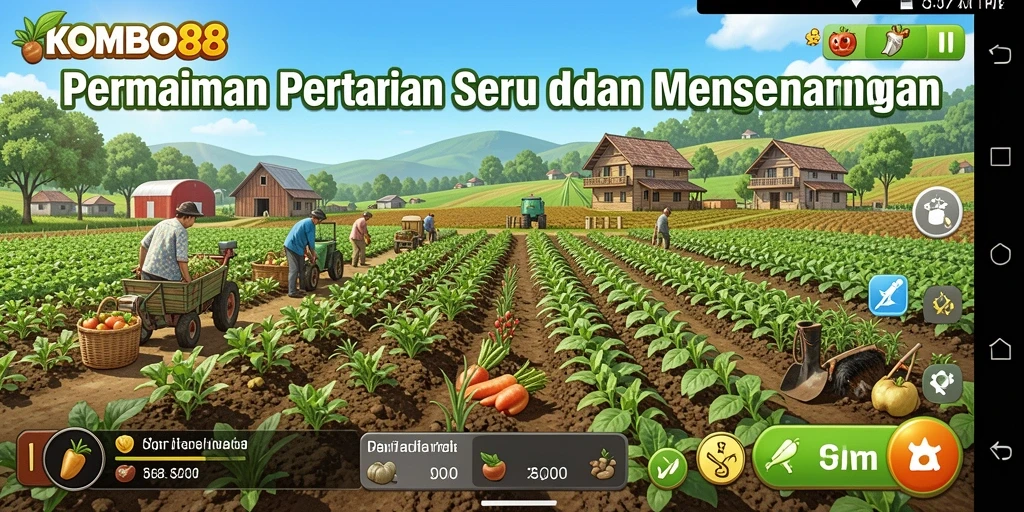 Tampilan gameplay <strong>KOMBO88</strong> dengan pemandangan ladang dan kegiatan pertanian.