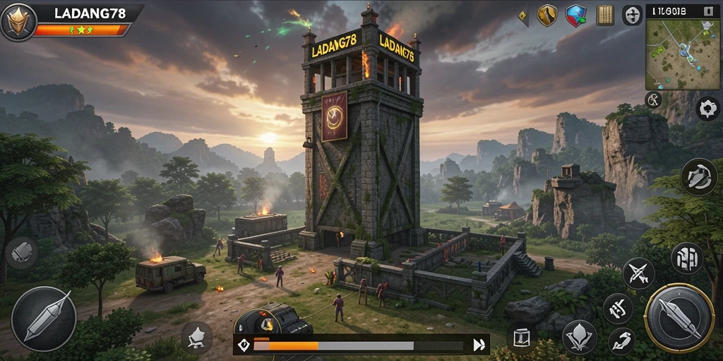Tampilan gameplay menara pertahanan yang mendebarkan di LADANG78.