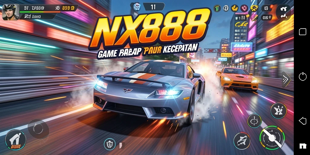 Tampilan gameplay NX888 dengan mobil balap dan lintasan yang menantang.