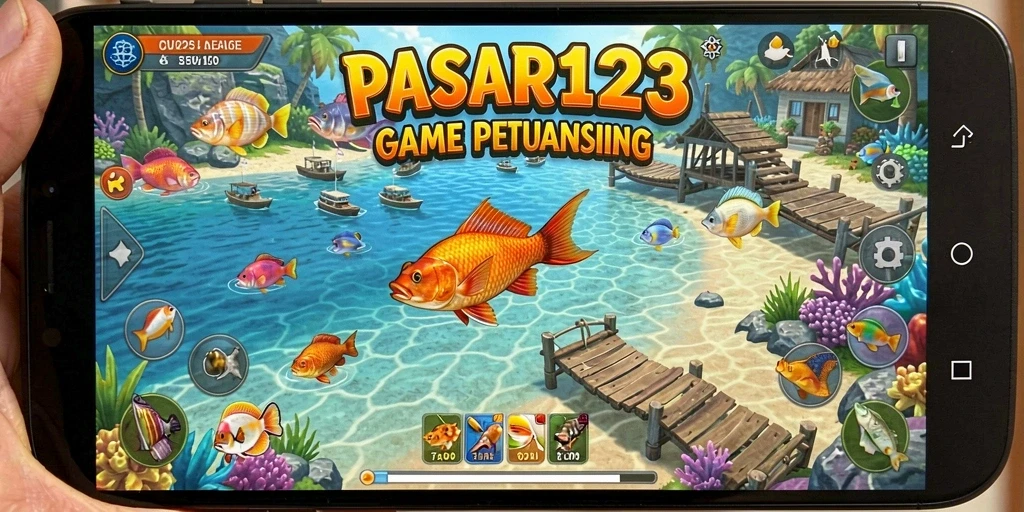 Tampilan gameplay PASAR123 dengan berbagai alat dan lokasi memancing yang menarik.