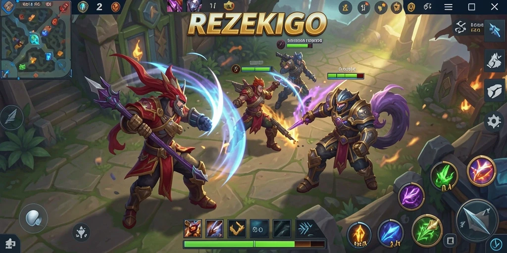 Tampilan gameplay seru dengan pertarungan antar hero di arena.