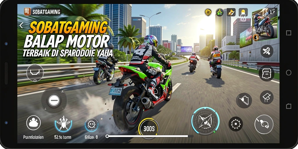 Tampilan gameplay yang mendebarkan dari SOBATGAMING saat balapan motor.