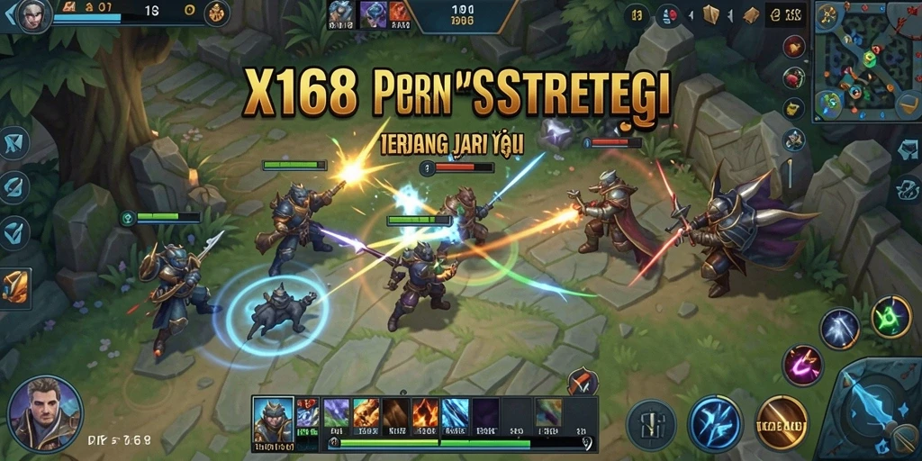 Screenshot utama X168 menampilkan aksi strategis di medan perang.